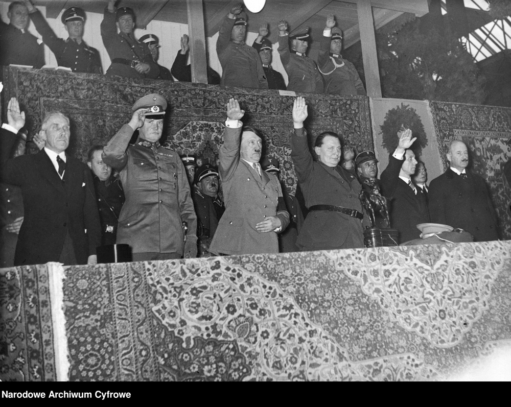 Adolf Hitler at the honor tribune of Berlin's Kaiserdamm arena on the occasion of the Grand Prix of the Nations horse race